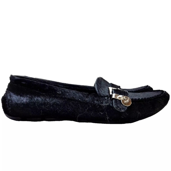 PRADA Pony Calf Hair Driving Loafers COA Sz 37/7 US Logo Charm Black Driver - Picture 5 of 16